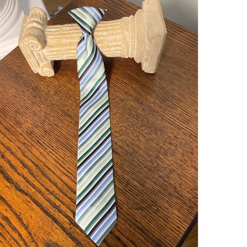 Kids‎ Striped Necktie  Clip On Blue Green White Formal Length 16 Inches